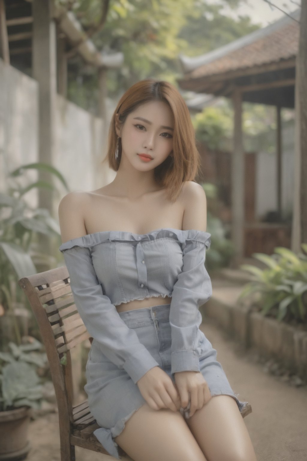 1girl, solo, Thailand model, flirtatious, realistic, sitting, off the shoulder, garden. full body view. 