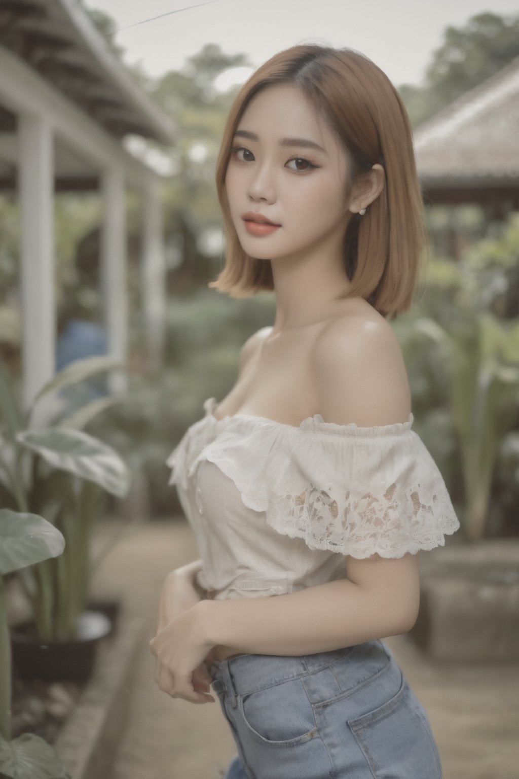 1girl, solo, Thailand model, flirtatious, realistic, off the shoulder, garden. full body view. 