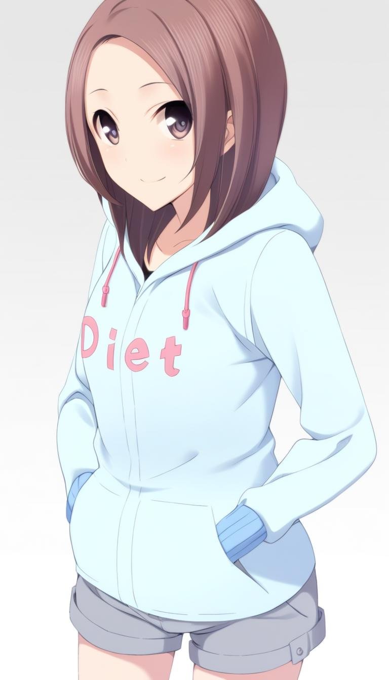 1girl,Kodou Shiina,blue hoodie,pink drawstring,grey shorts,blue cuff with vertical stripes,blue pocket on the clothes,letters on the clothes say "diet",masterpiece,best quality,game cg,blush,smile,(detailed beautiful eyes:1.2),(beautiful face:1.2),white background,simple background,close up,cowboy shot,upper body,looking at viewer,hands in the pockets,<lora:KodouShiinaXLK:1>,