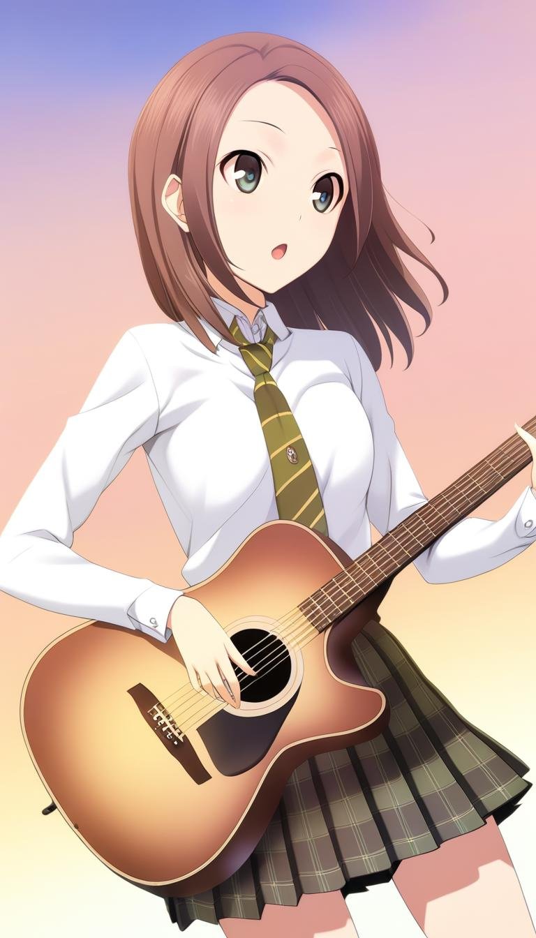 1girl,Kodou Shiina,school uniform,plaid pleated skirt,green striped necktie,playing instrument,guitar,holding,indoors,dutch angle,closed eyes,open mouth,cloud,sunset,outdoors,masterpiece,best quality,solo,game cg,(illustration:1.2),(extremely fine and beautiful),(perfect details),(unity CG 8K wallpaper:1.05),(ray tracing),(beautiful and clear background:1.25),(depth of field:0.6),(detailed beautiful eyes:1.3),(beautiful face:1.2),<lora:KodouShiinaXLK:1>,