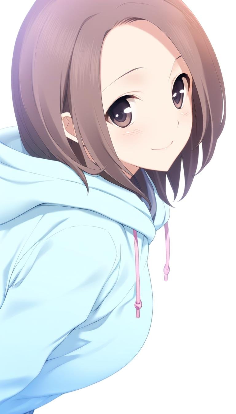 1girl,Kodou Shiina,blue hoodie,pink drawstring,grey shorts,blue cuff with vertical stripes,blue pocket on the clothes,letters on the clothes say "diet",masterpiece,best quality,game cg,blush,smile,(detailed beautiful eyes:1.2),(beautiful face:1.2),white background,simple background,close up,cowboy shot,upper body,looking at viewer,arms behind back,<lora:KodouShiinaXLK:1>,
