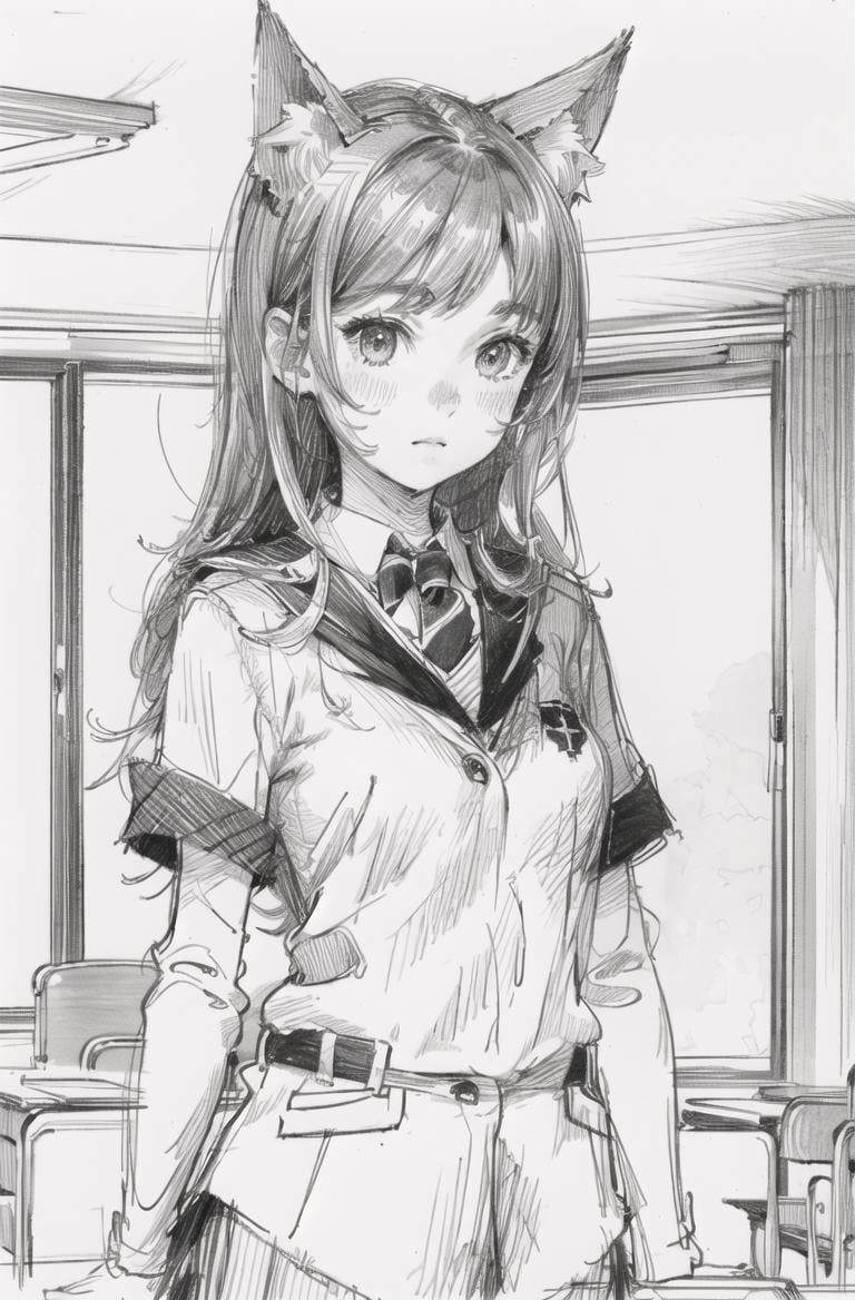 ultra detailed(sketch:1.2),graphite,( monocolour:1.3)1girl,animal ear,school uniform,classroom <lora:米古诺夫:1>