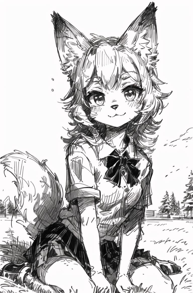 black night,ultra detailed(sketch:1.2),graphite,(monocolour:1.3), solo,on grass, furry fox girl,animal ear,school uniform,park, looking at viewer, <lora:米古诺夫:1>