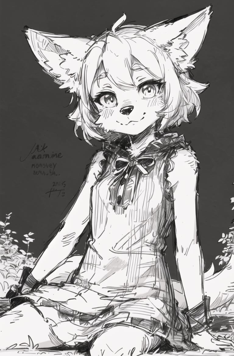 black background,ultra detailed(sketch:1.2),graphite,(monocolour:1.3), solo,on grass, furry fox girl,animal ear,dress,park, looking at viewer, <lora:米古诺夫:1>