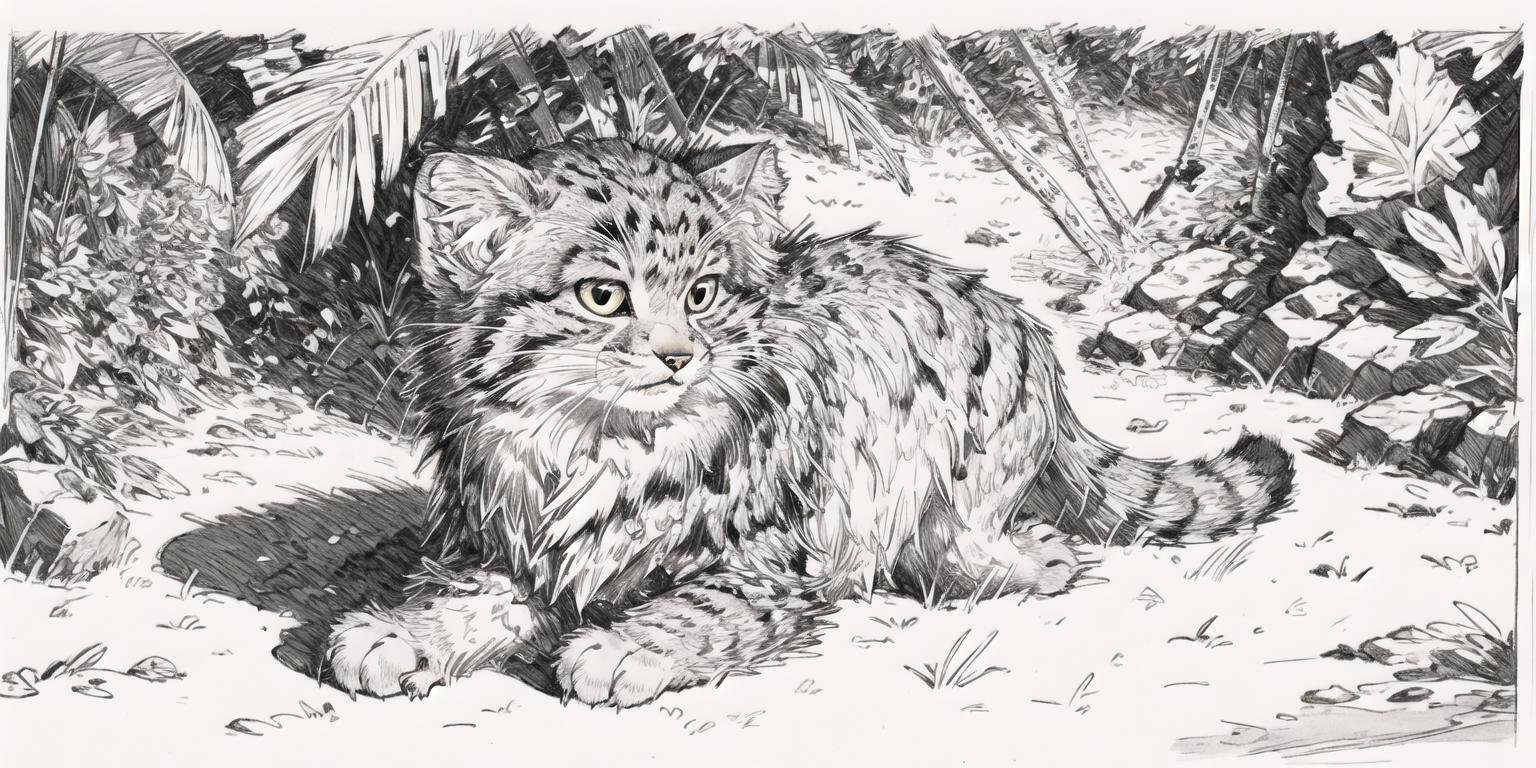 ultra detailed(sketch:1.1),(monocolour:1.3), solo,(amazon jungle:1.2),outdoors,river,manul,tusun,kitten,pallascat, looking at viewer,(fur paws:1.2),<lora:RPCP:1> <lora:兔狲:0.8>