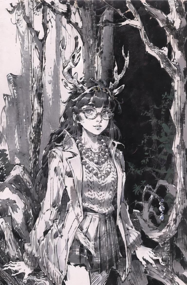 best quality,highres,(sketch,lineart,monocolor,Migunov:1.2),(night forest:1.3),black backgroundgirl,glasses,straight long hair,blunt bangs,portrait, (Sweater coat:1.2),(Beads necklace),(antler on head),(skirt), <lora:Migunov2:1> <lora:darkFantasy_v11:1>