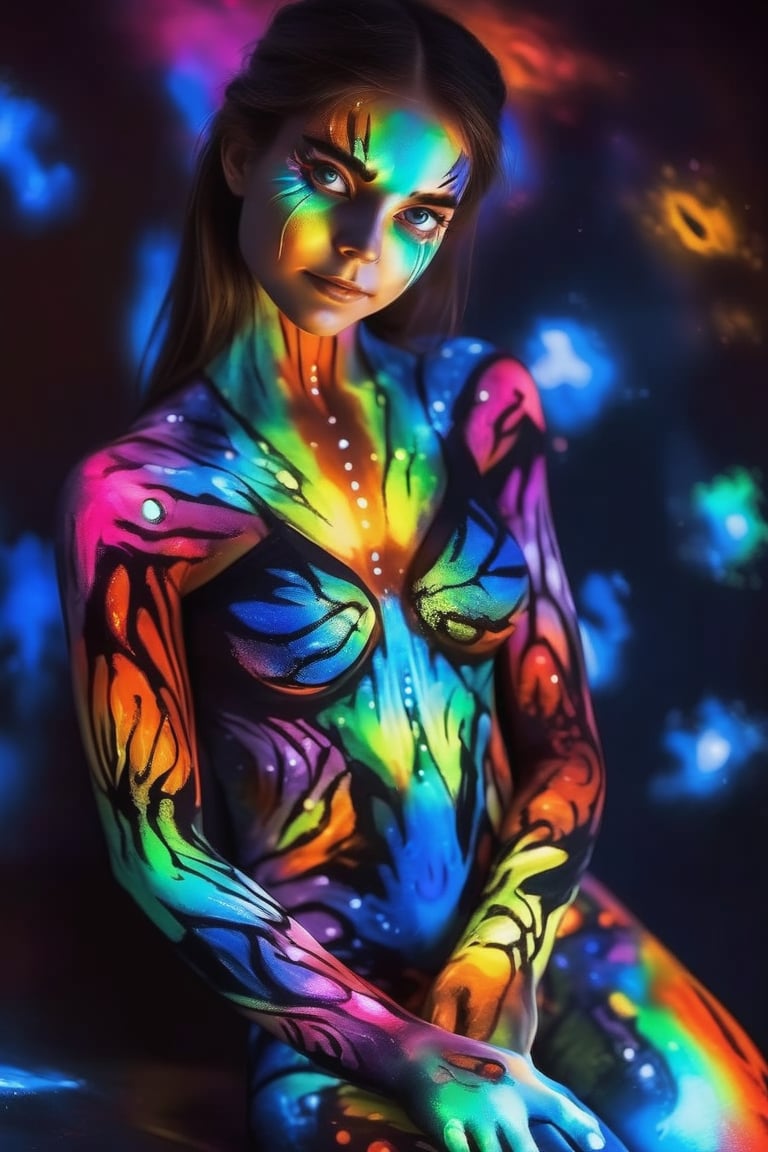 portrait a girl model with body painting,bodyPa,dreamgirl,colorful,color art,color chaos,GlowingTat