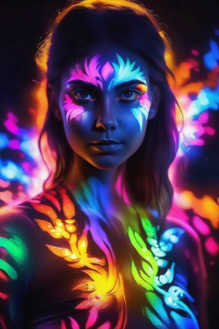 portrait a girl model have glowing tatto with body painting,bodyPa,dreamgirl,colorful,color art,color chaos,GlowingTat