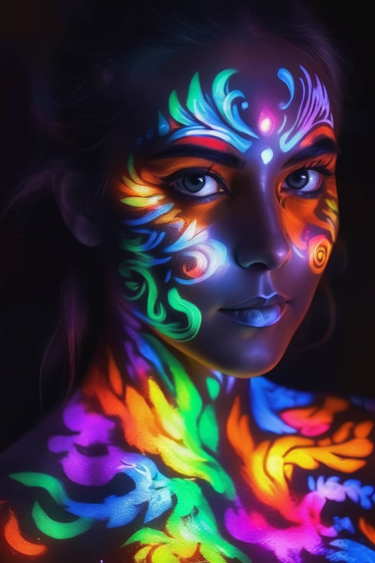 portrait a girl model have glowing tatto with body painting,bodyPa,dreamgirl,colorful,color art,color chaos,GlowingTat