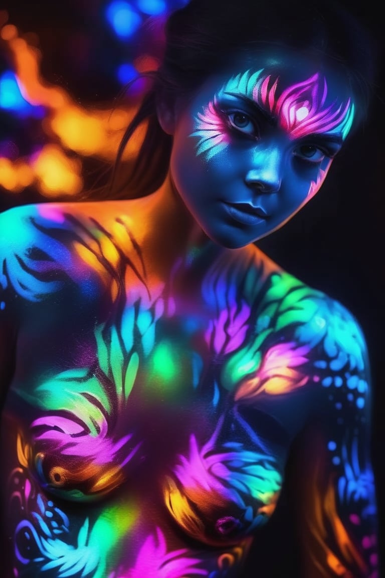 portrait a girl model have glowing tatto with body painting,bodyPa,dreamgirl,colorful,color art,color chaos,GlowingTat