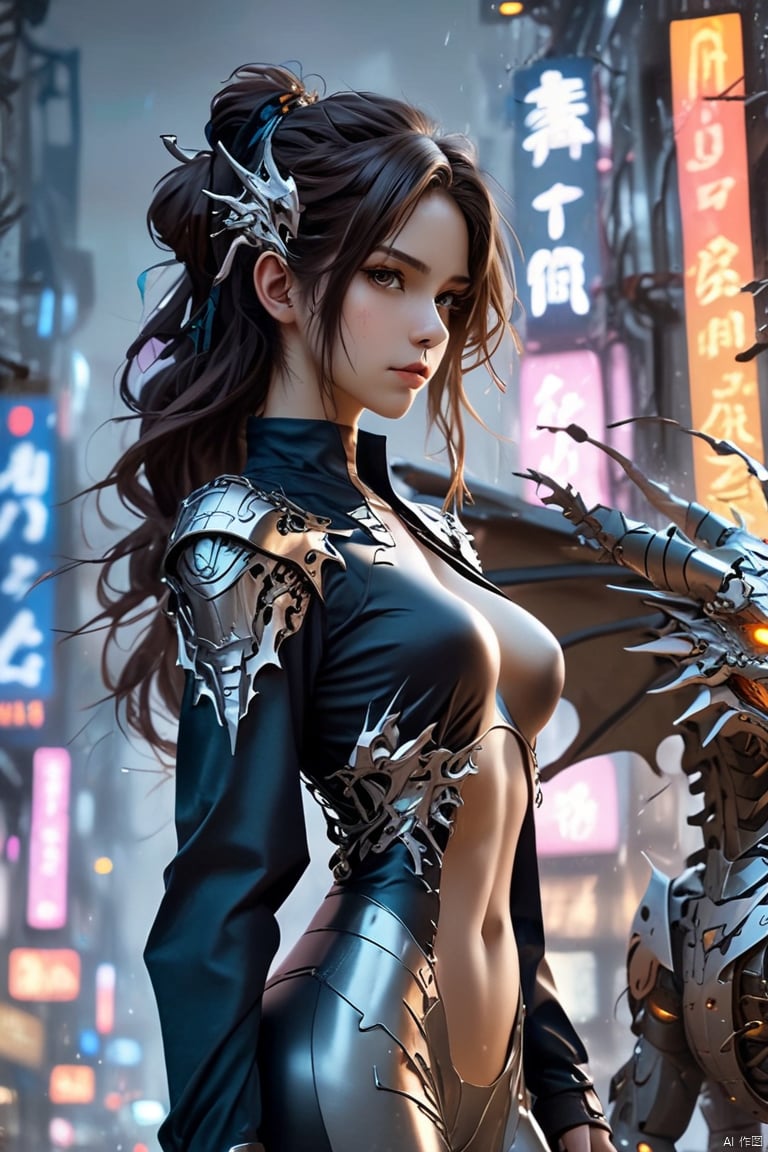  {{master piece}},best quality,illustration,1girl,small breast,beatiful detailed eyes,beatiful detailed cyberpunk city,flat_chest,beatiful detailed hair,wavy hair,beatiful detailed steet,mecha clothes,robot girl,cool movement,sliver bodysuit,{filigree},dargon wings,colorful background,a dragon  stands behind the girl,rainy days,{lightning effect},beatiful detailed sliver dragon arnour,（cold face）