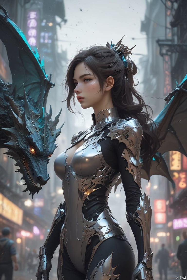  {{master piece}},best quality,illustration,1girl,small breast,beatiful detailed eyes,beatiful detailed cyberpunk city,flat_chest,beatiful detailed hair,wavy hair,beatiful detailed steet,mecha clothes,robot girl,cool movement,sliver bodysuit,{filigree},dargon wings,colorful background,a dragon  stands behind the girl,rainy days,{lightning effect},beatiful detailed sliver dragon arnour,（cold face）