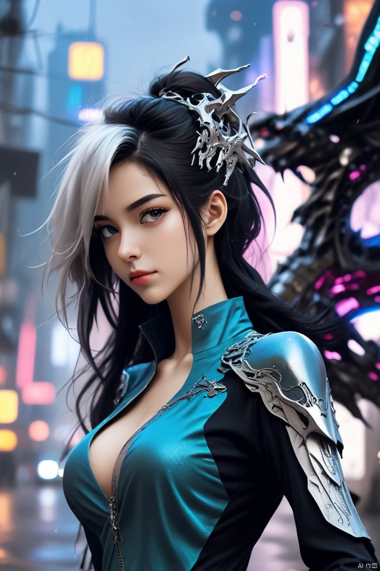  {{master piece}},best quality,illustration,1girl,small breast,beatiful detailed eyes,beatiful detailed cyberpunk city,flat_chest,beatiful detailed hair,wavy hair,beatiful detailed steet,mecha clothes,robot girl,cool movement,sliver bodysuit,{filigree},dargon wings,colorful background,a dragon  stands behind the girl,rainy days,{lightning effect},beatiful detailed sliver dragon arnour,（cold face）