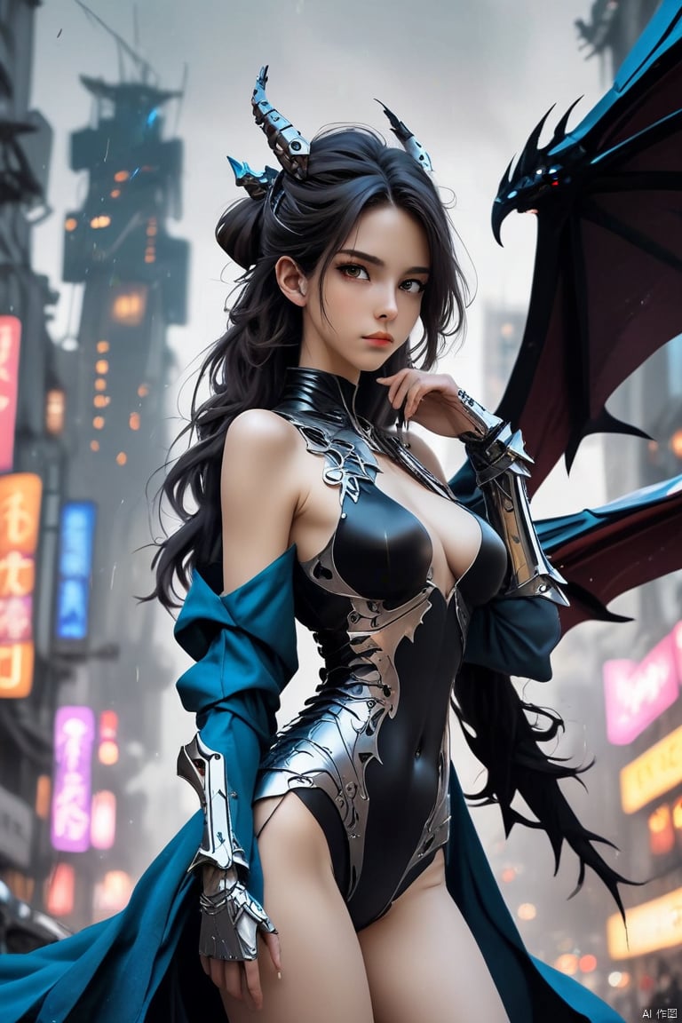  {{master piece}},best quality,illustration,1girl,small breast,beatiful detailed eyes,beatiful detailed cyberpunk city,flat_chest,beatiful detailed hair,wavy hair,beatiful detailed steet,mecha clothes,robot girl,cool movement,sliver bodysuit,{filigree},dargon wings,colorful background,a dragon  stands behind the girl,rainy days,{lightning effect},beatiful detailed sliver dragon arnour,（cold face）