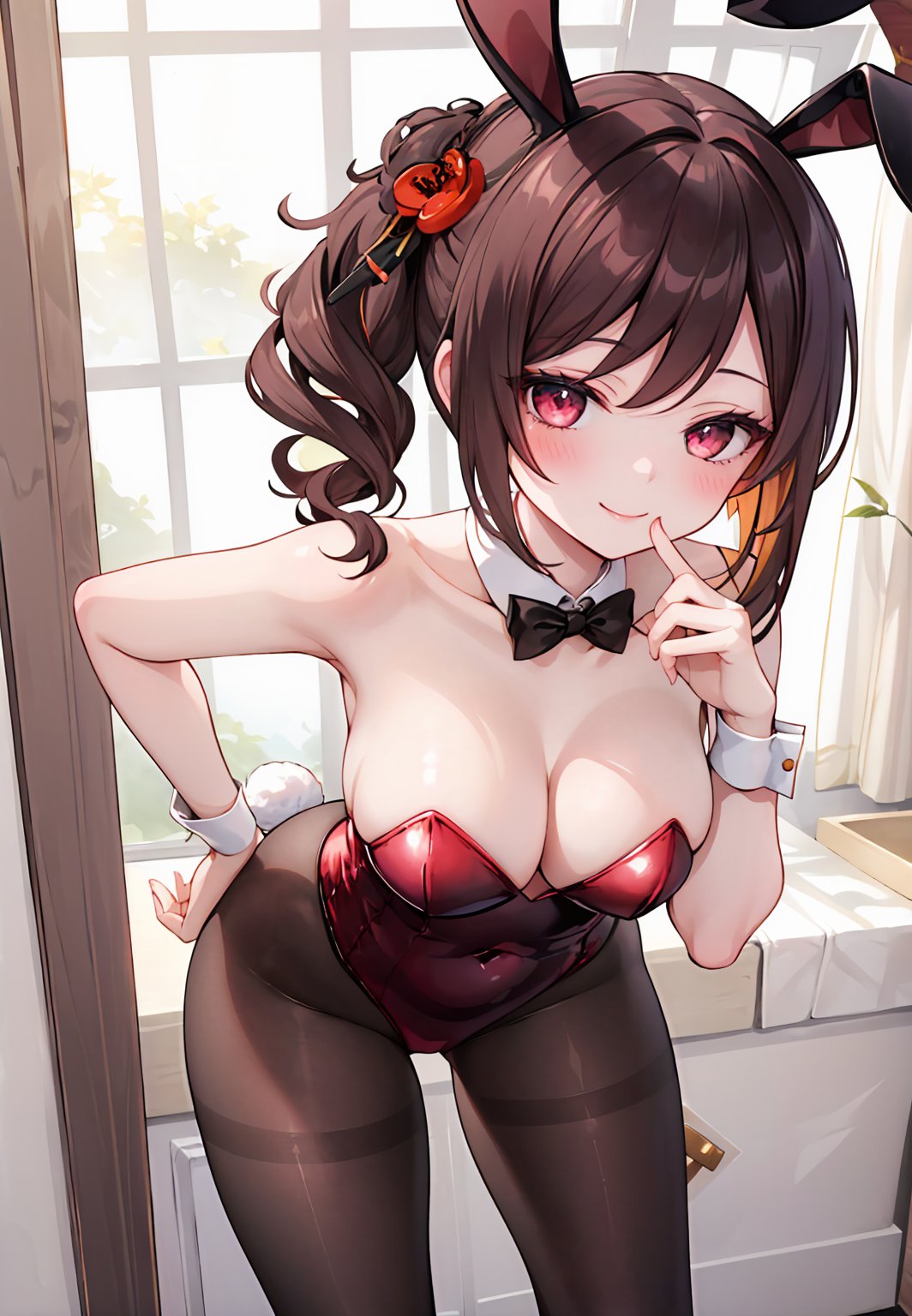 ((masterpiece,best quality)), 1girl, chiori, playboy bunny, rabbit ears, black pantyhose, standing, blush, smile, closed mouth, bare arms, leaning forward, finger to mouth