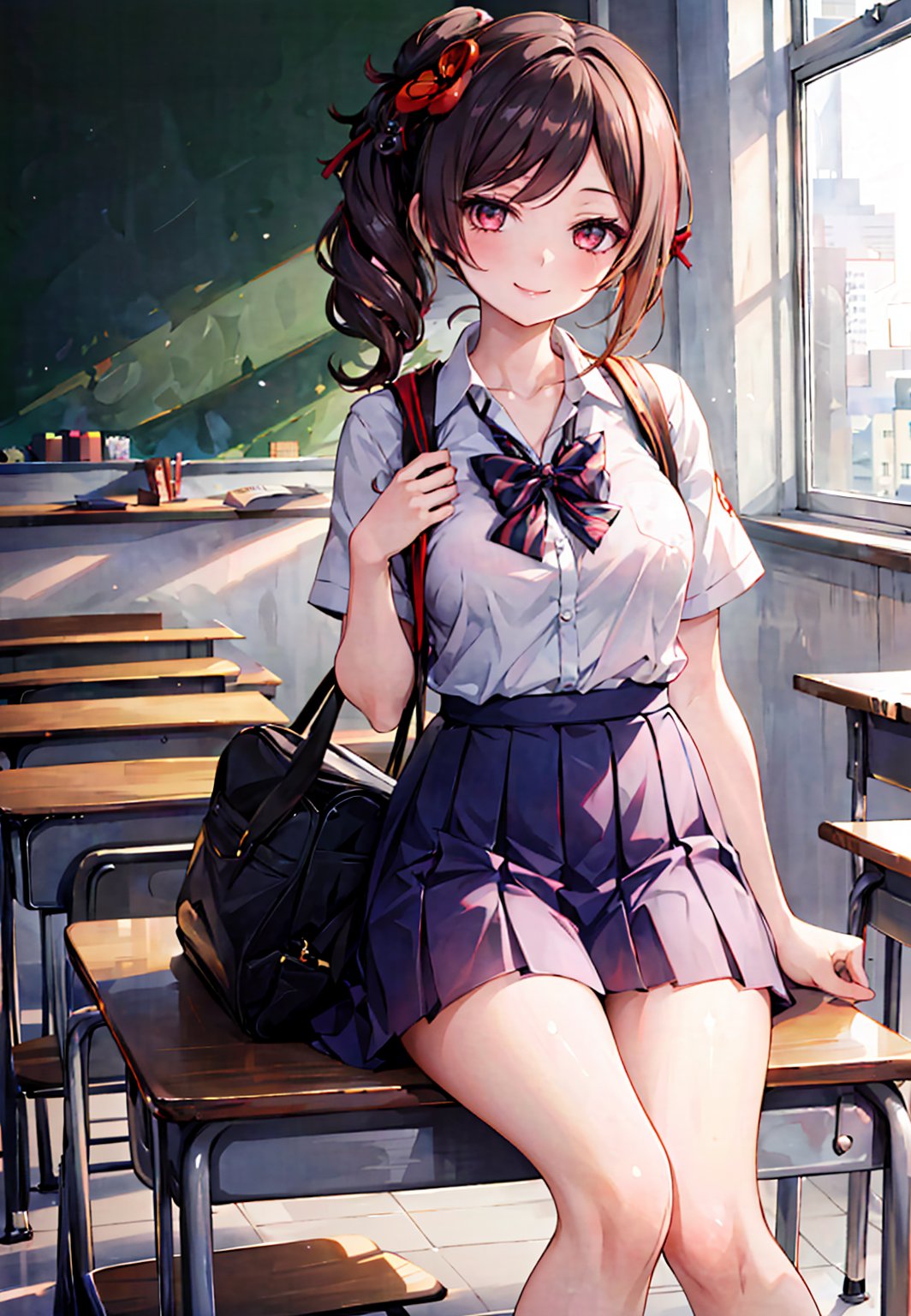 ((masterpiece,best quality)), 1girl, chiori, school uniform, bare legs, school bag, smile, classroom,