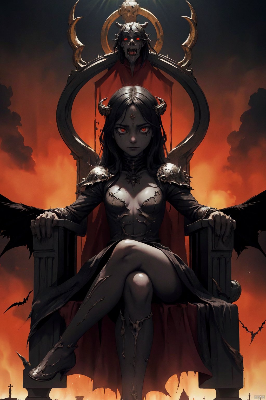  Imagine a scene where the demons, having conquered heaven, now sit upon thrones of bone and flesh, ruling over their new domain with an iron fist. The colors are dark and oppressive, with the once bright and vibrant landscape of heaven now twisted and corrupted by demonic influence.