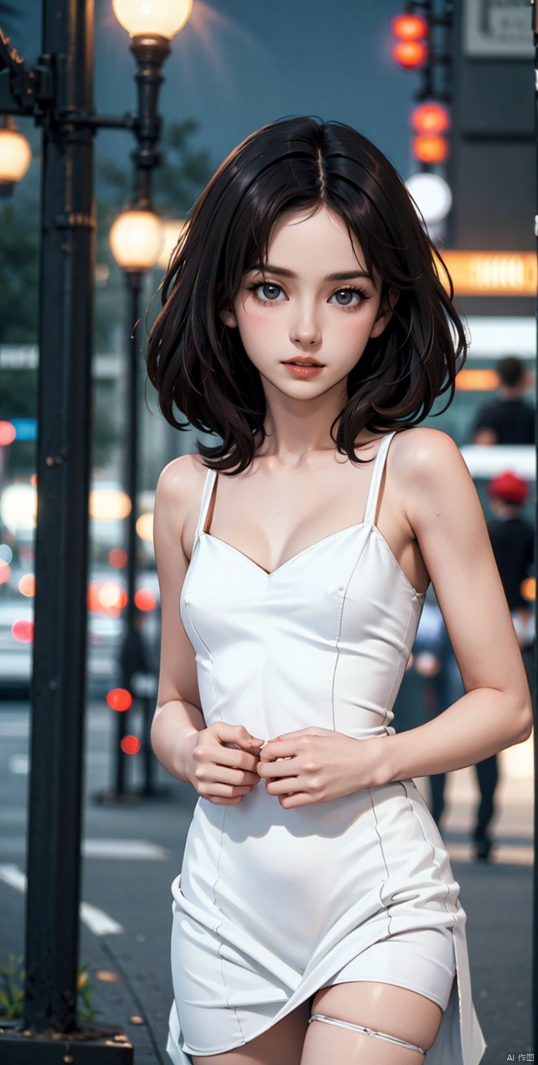  ((Realistic lighting, Best quality, 8K, Masterpiece: 1.3)), Focus: 1.2, 1girl, Perfect Figure: 1.4, Slim Abs: 1.1, ((Dark brown hair)), (White dress: 1.4), (Outdoor, Night: 1.1), City streets, Super fine face, Fine eyes, Double eyelids,

