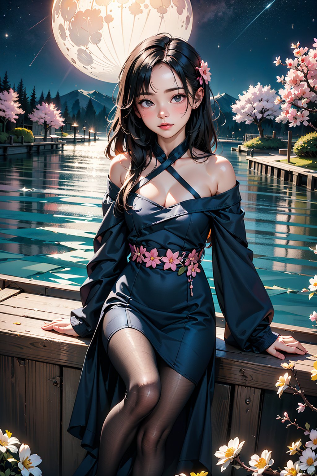  A young girl lying comfortably on a boat, looking up at the starry night sky filled with colorful flowers surrounding the boat, reflecting the bright moon on the lake surface, distant cherry blossom scenery in the background, medium and long distance view, deep depth of field, detailed details. High resolution image, vivid colors, dreamy atmosphere, romantic scene, beautiful night sky, blooming flowers, reflection of the moon on the lake, distant cherry blossoms, serene environment, peaceful mood, starry sky, flower decoration, boat ride, comfortable position, young girl's innocence, tranquility., eluosi, blackpantyhose, qiqiu, 1girl