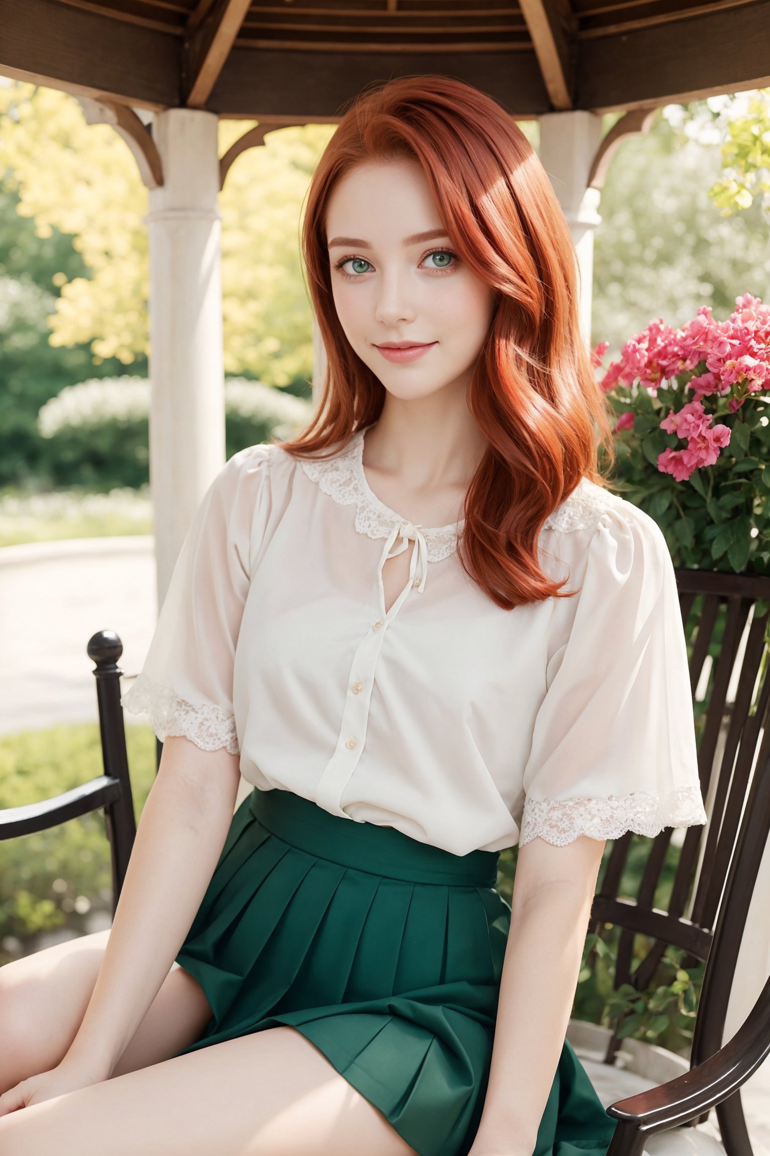 Upper body photography. An amazingly beautiful young girl 19 years old with a kitten on her lap. Red hair, a square haircut. The eyes are expressive, emerald-coloured. Delicate lips, with wet natural colour lipgloss, Perfect and gentle makeup, textured skin with beautiful face. small breasts, Black and white blouse with well-marked flowers, green pleated skirt. ((tender loving look and a closed mouth smile)). looking at camera, (upper body shot), sitting in the park flower gazebo
3va,REALISTIC,Olivia Dunne