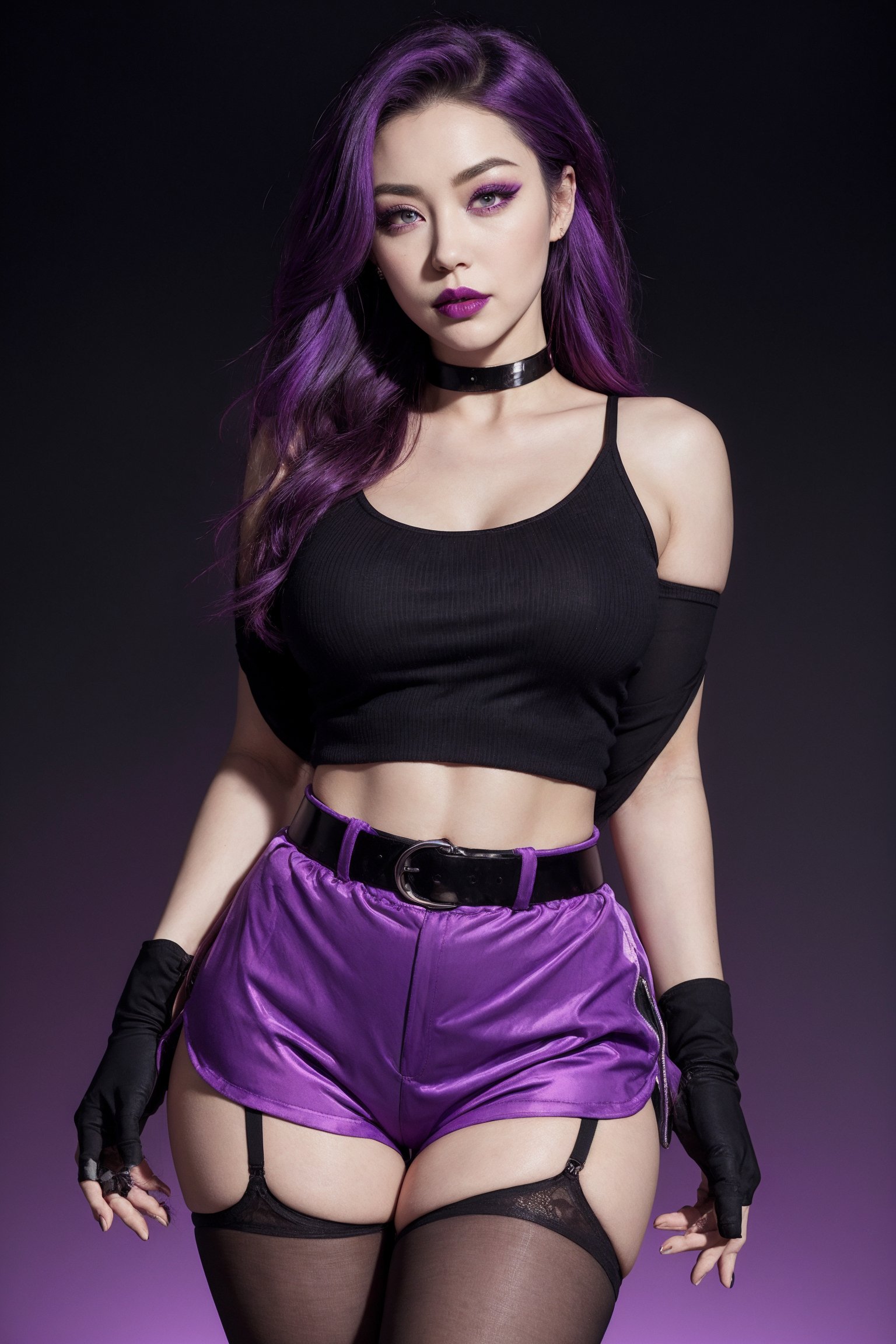 (masterpiece), best quality, high resolution, extremely detailed, detailed background, better_hands, (hands:1.1), Detailedface, photorealistic, 1 girl, solo, reina, multicolored hair, purple eyes, choker, purple jacket, see-through, black shirt, black shorts, fingerless gloves, pantyhose, abstract background, scenary, grumpy face, makeup, purple lipstick, beautiful eyes, curvy, slim waist, 🌃🌆.