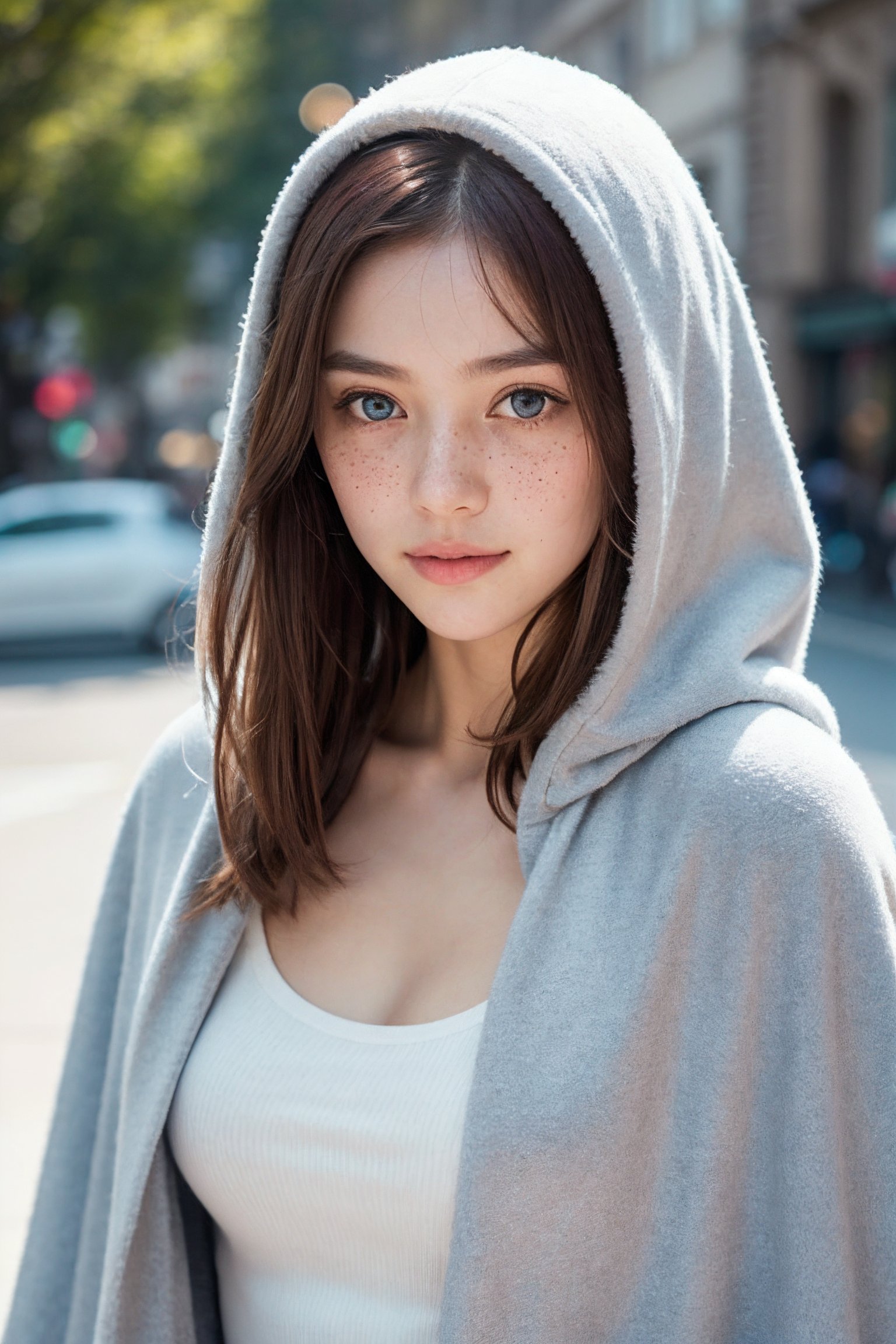 photograph of a cute adult girl, redhair, pale skin, freckles, blush, innocent, petite and youthful face, silver blue eyes, wearing a cloak, city christmas festival, snowfall, Porta 160 color, shot on ARRI ALEXA 65, bokeh, sharp focus on subject, shot by Don McCullin, nsfw, (natural skin texture, hyperrealism, soft light, sharp), (perfect round eyes:1.3), Capture the essence of her beauty, Enrich the composition with soft, diffused natural light that accentuates the textures and colors, creating a timeless and culturally rich image,