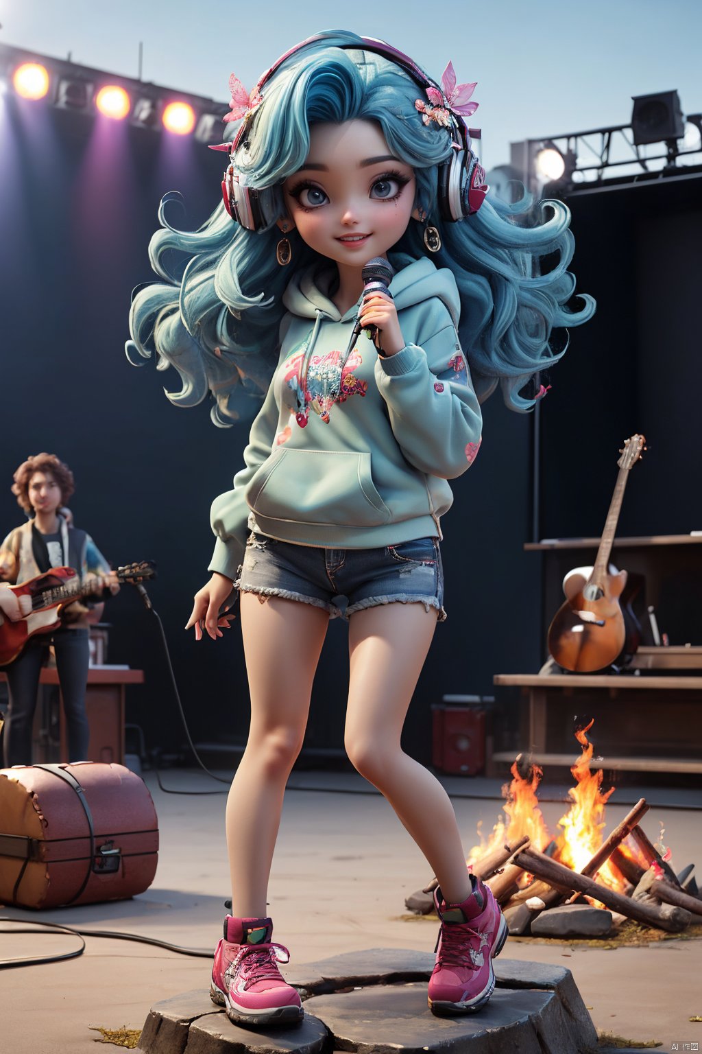  Masterpiece,highest quality,realistic,very fine and fine details,high resolution,8K,
hubg\(haixiaoqiong)\, 1girl, smile,blue hair,hair flower, 
(rock music, microphone, Hoodies, bonfires, stage, lights:1.3),