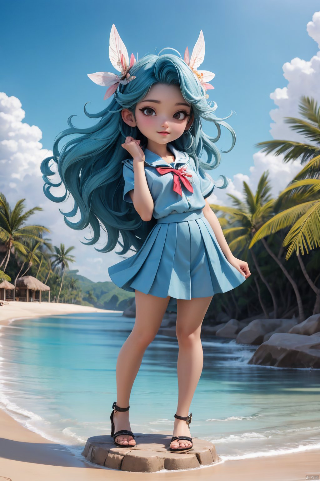  Masterpiece,highest quality,realistic,very fine and fine details,high resolution,8K,
hubg\(haixiaoqiong)\, full body, school uniform, Relaxing in the sun on the beach,