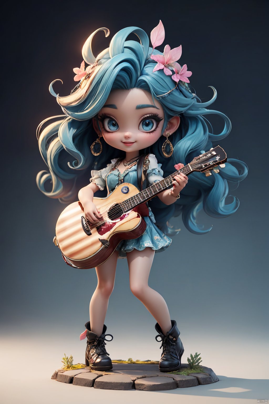  Masterpiece,highest quality,realistic,very fine and fine details,high resolution,8K,
hubg\(haixiaoqiong)\, 1girl, smile,blue hair,rock music, guiter,