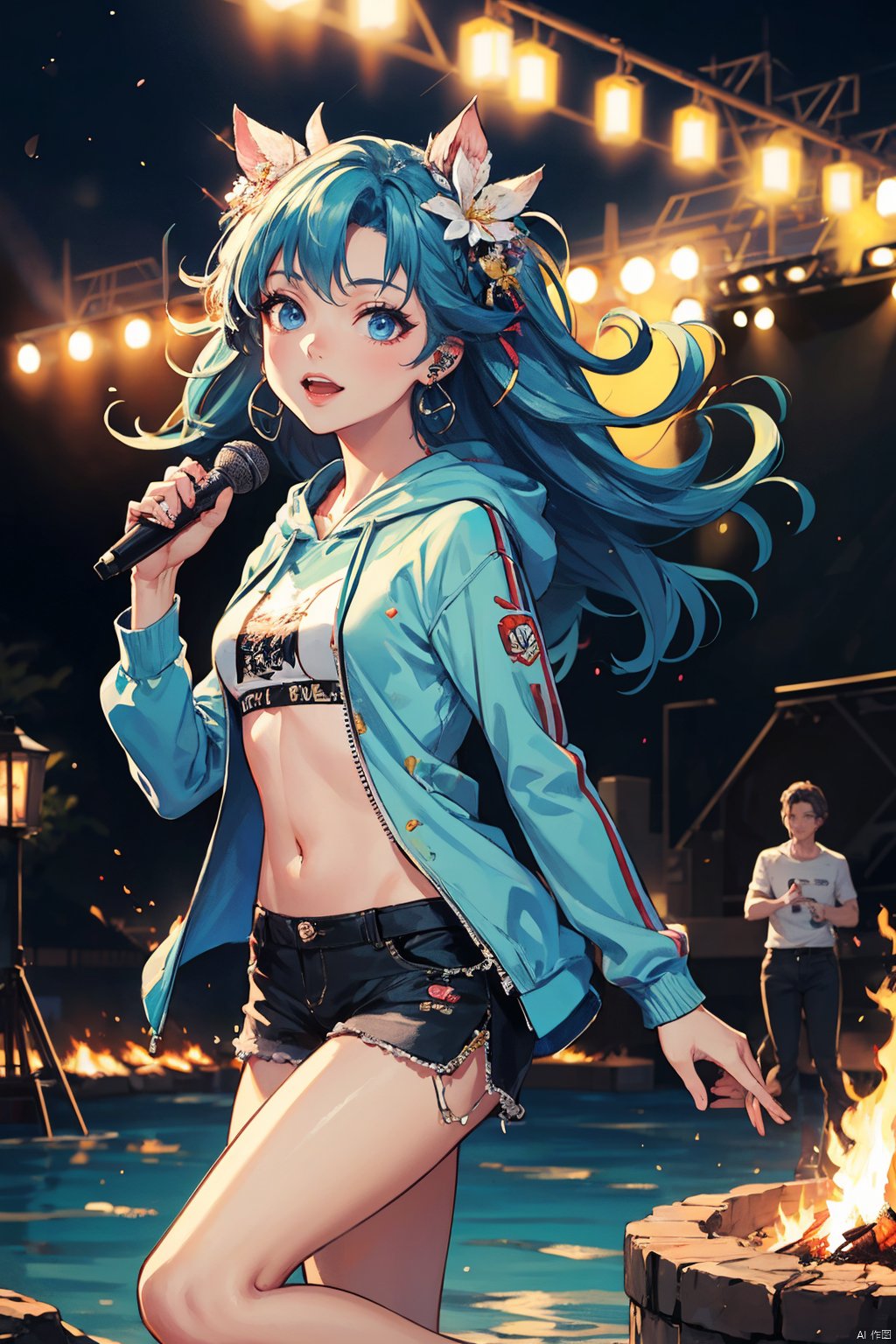  Masterpiece,highest quality,realistic,very fine and fine details,high resolution,8K,
hubg\(haixiaoqiong)\, 1girl, smile,blue hair,hair flower, 
(rock music, microphone, Hoodies, bonfires, stage, lights:1.3),