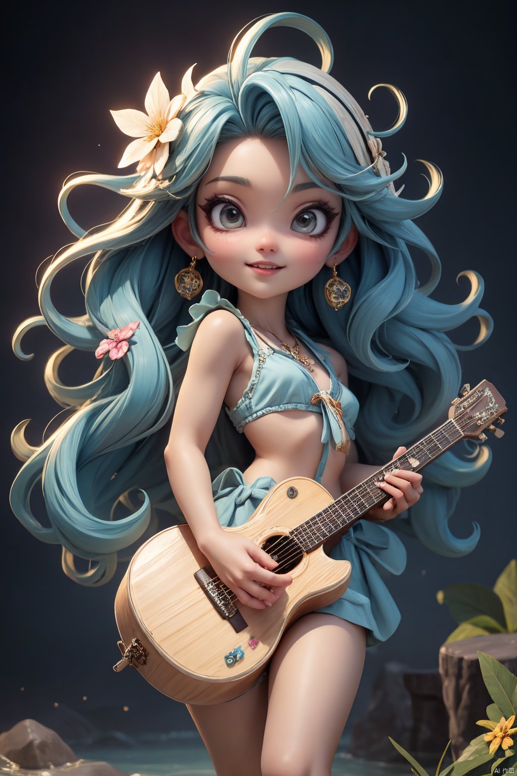  Masterpiece,highest quality,realistic,very fine and fine details,high resolution,8K,
hubg\(haixiaoqiong)\, 1girl, smile,blue hair,hair flower, rock music, guiter,