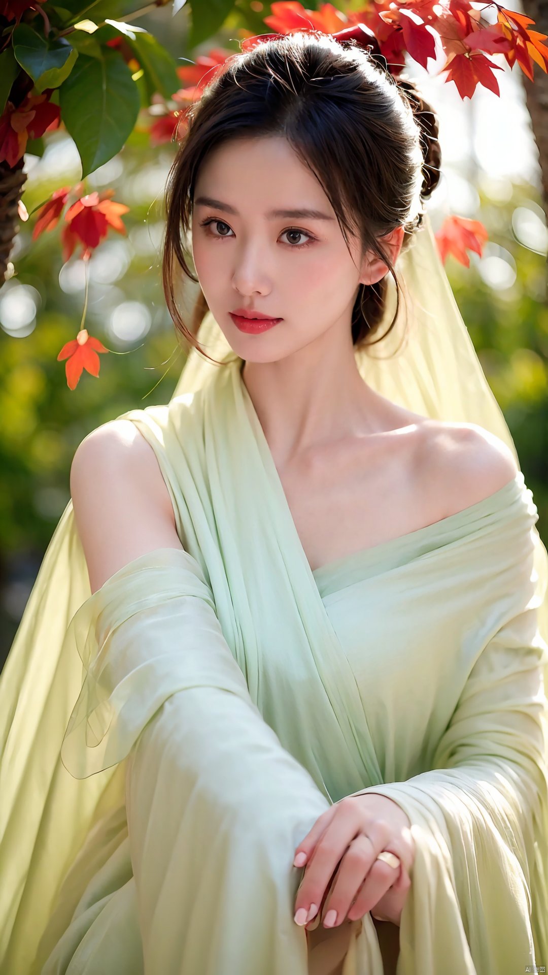  The image features a beautiful young woman holding a red leaf in her hands, bathed in warm light. Her expression is serene and dreamy, and her hands are gracefully folded. The colors are primarily brown and green, with the red leaf standing out. The style is ethereal and soft, with a focus on the woman's face and the leaf. The lighting is well-done, with interesting shadows and depth. The woman's outfit is not clearly visible, but the focus is on her as a subject. Overall, the image is beautiful, evocative, and technically proficient, making it a truly exceptional photograph.