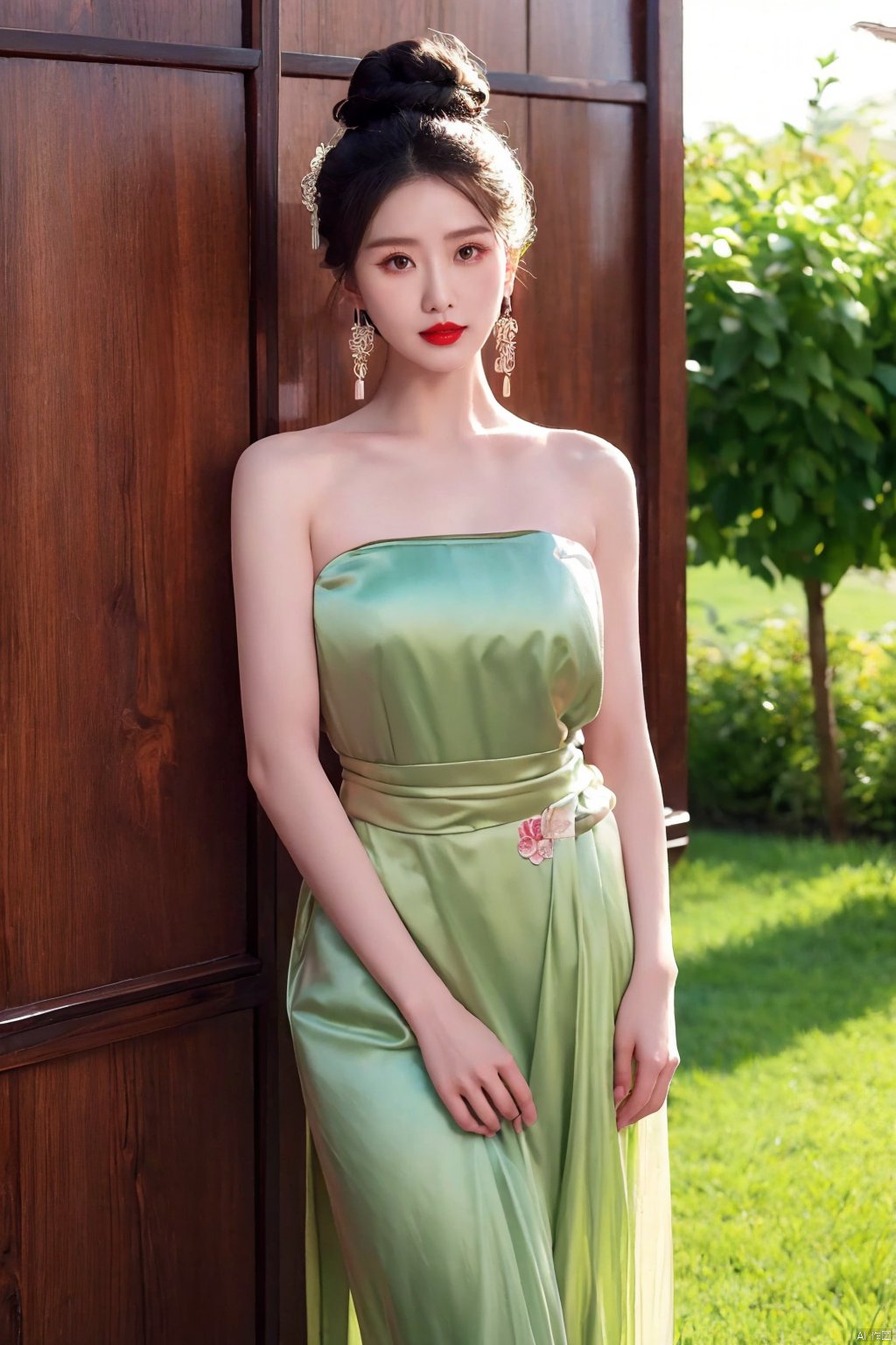  1girl, bare shoulders, black hair, breasts,Wooden wall, bush,Dai ethnic skirt, earrings, flower, garden,Chinese Dai ethnic clothing,Diagonal draped light gauze skirt, strapless dress, grass, hair bun, jewelry, makeup, outdoors, plant, red lips, solo, standing