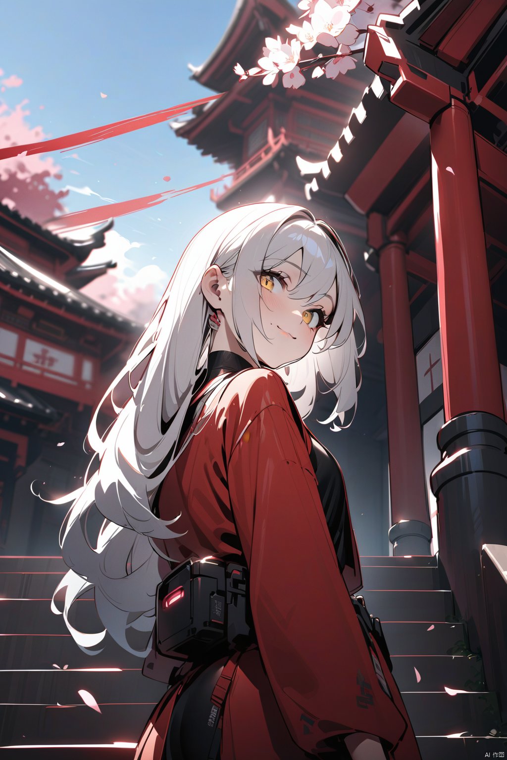  masterpiece, best quality, 1girl, yellow eyes, Beautiful face, delicate eyes, smile, long hair, white hair, tree, stairs, standing, sky, cherry blossoms, temple, looking at viewer, upper body, from below, looking back, ((Mecha)), young girl, Cyberpunk, CyberMechaGirl