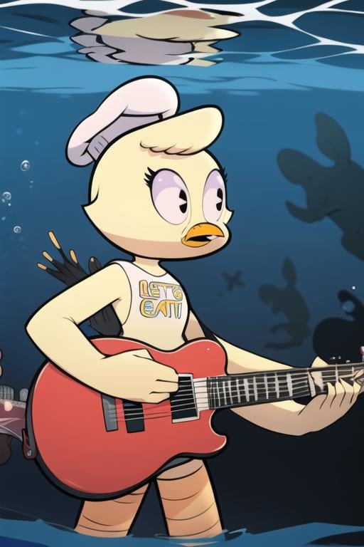 <lora:chica-08:1> chica, solo, full body,  detailed background, under water, playing guitar, masterpiece, best quality