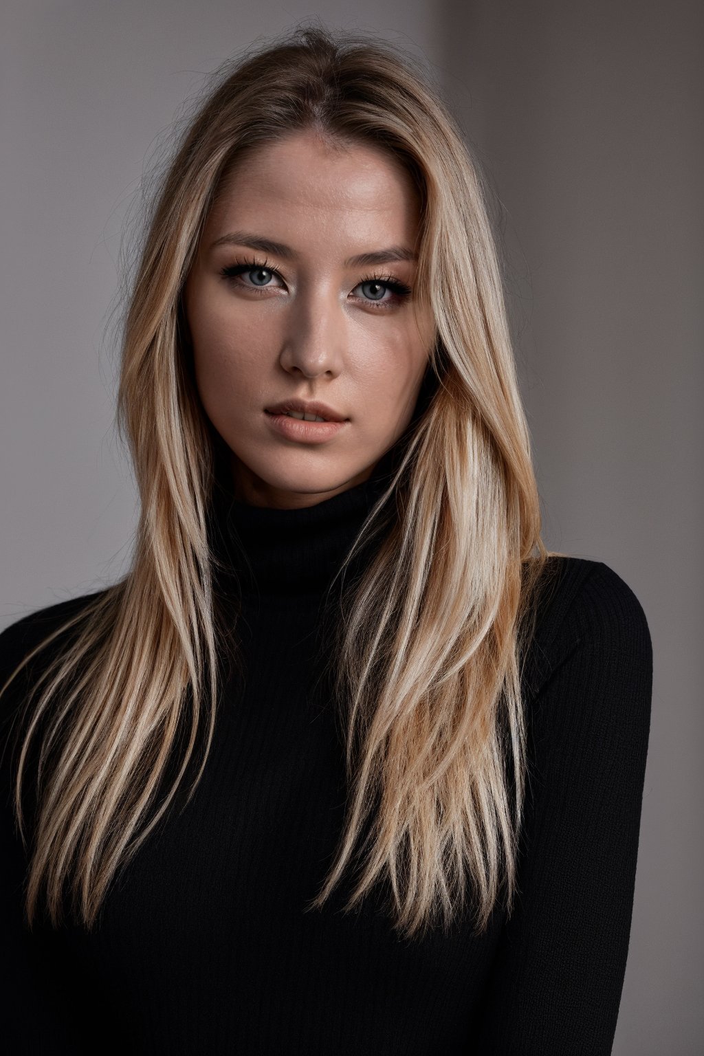 portrait of the wo_k1ra02 woman, long blonde hair, head and shoulders shot, wearing black dress with turtleneck,black background, global illumination, high details, UHD, RAW, HDR effect, beautiful, aesthetic, perfect lighting