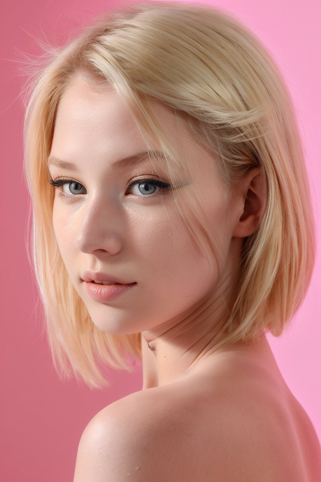 wo_k1ra02 , a close up of a woman with blonde hair, perfectly shaded face, blonde short hair, soft light 4k in a photoshoot with pink background, matte skin, pores