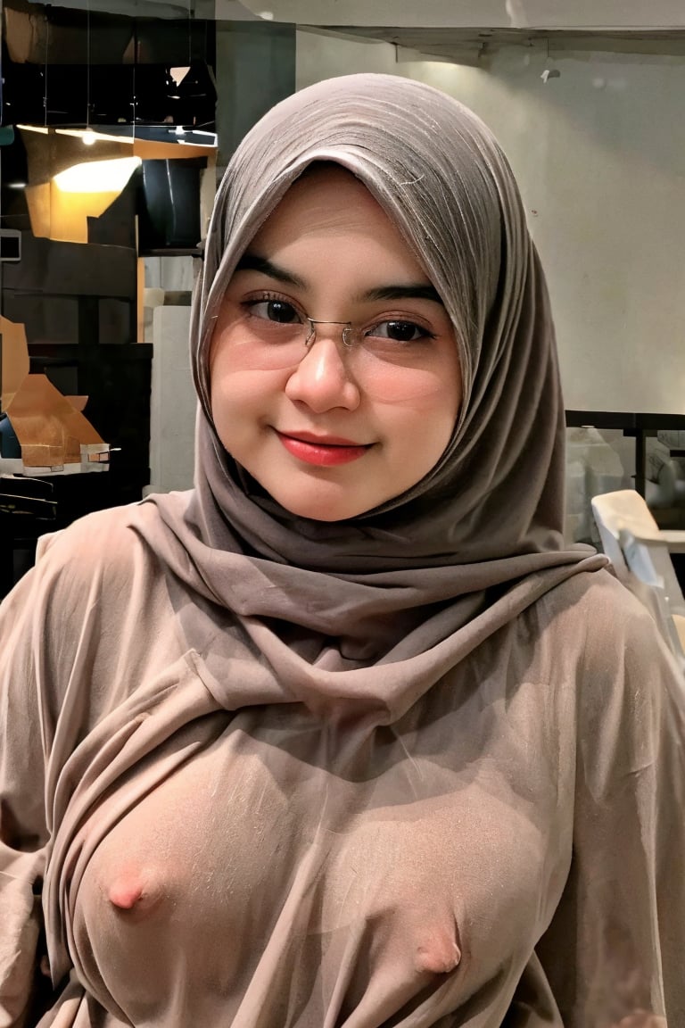 portrait of a beautiful girl, girl 18 year old, wearing a Islamic hijab, glassesrealistic, best quality, 4k, high resolution, masterpiece: 1.2, highly detailed, realistic: 1.37, sitting in the cafe, (large breast:1.4), (full clothed:1.4), full body, natural,dilraba,yoona,cewekcantik,wet_clothing, see-through,un4