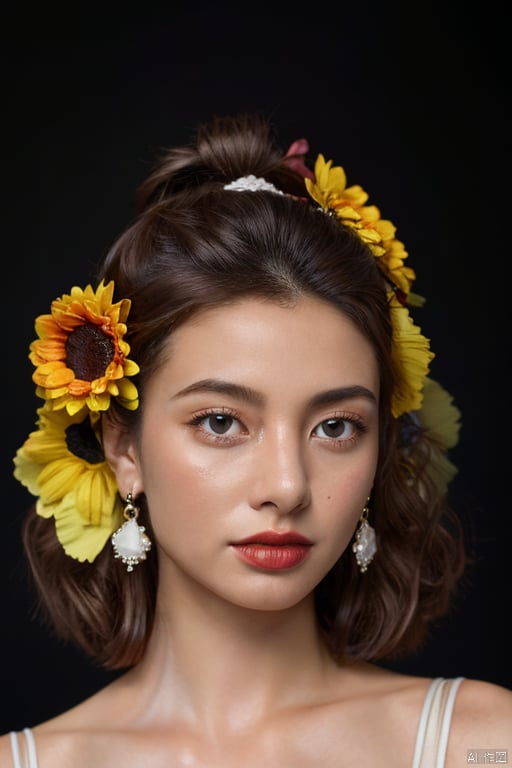  1girl,Han Chinese girls,yellow Hanfu,chinese clothes,large breasts,sunflower,jewelry, earrings,lips, makeup, portrait, eyeshadow, realistic, nose,{{best quality}}, {{masterpiece}}, {{ultra-detailed}}, {illustration}, {detailed light}, {an extremely delicate and beautiful}, a girl, {beautiful detailed eyes}, stars in the eyes, messy floating hair, colored inner hair, Starry sky adorns hair, depth of field, large breasts,cleavage,blurry, no humans, traditional media, gem, crystal, still life, Dance,movements, All the Colours of the Rainbow,zj,
simple background, shiny, blurry, no humans, depth of field, black background, gem, crystal, realistic, red gemstone, still life,
