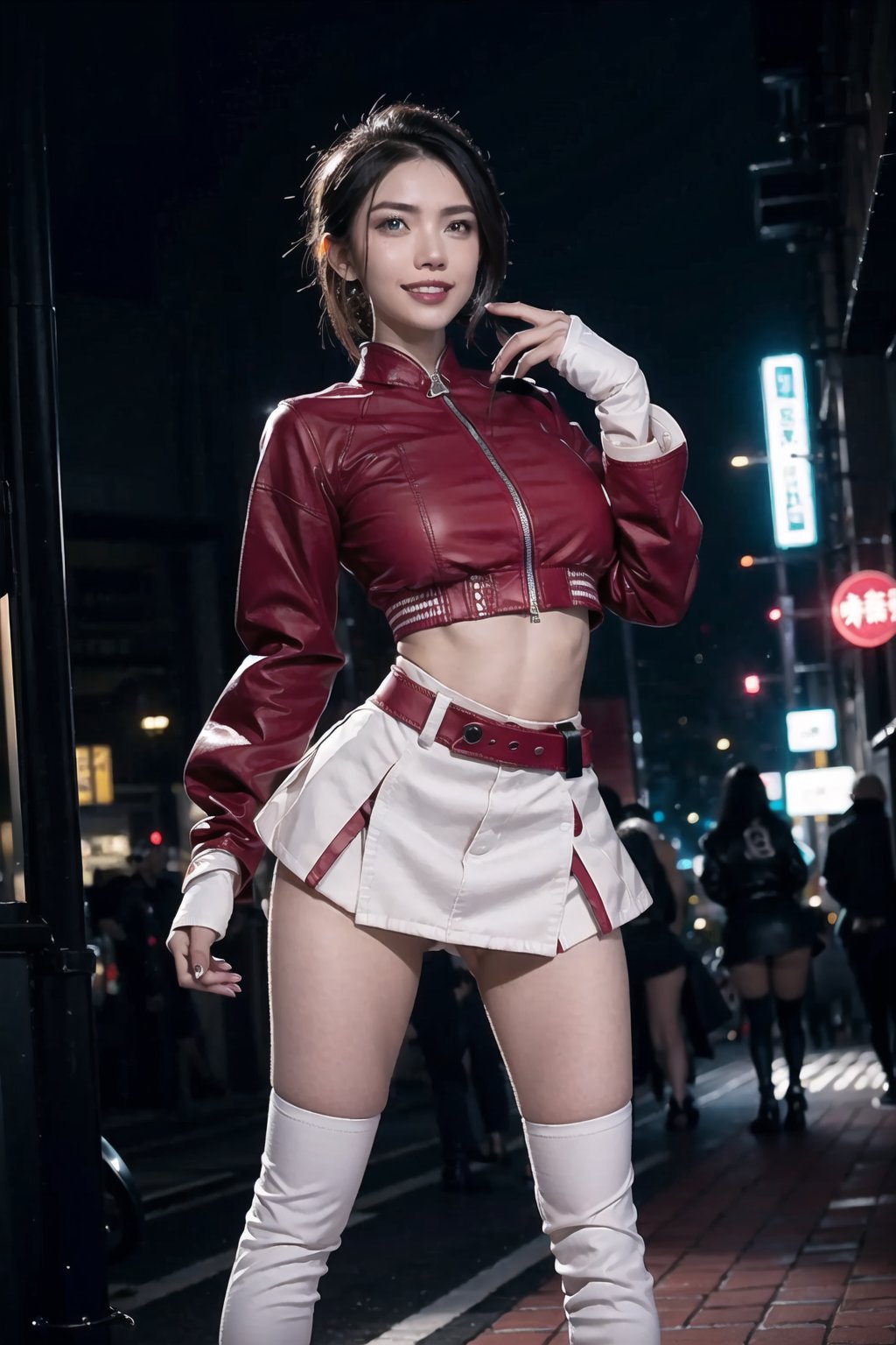 (best quality), (highly detailed), masterpiece, (official art), (ruby rose), fullbody, posing, lips, ( evil smile), poke ball, poke ball (basic), holding poke ball,Team Rocket, cropped jacket, white jacket, crop top, jacket, naked 50%, gloves, black gloves, elbow gloves, navel, midriff, white skirt, miniskirt, skirt, thighhighs,, looking at viewer, striptease, sexy pose, sexy dance, china, asiática, city, night, sky, (intricately detailed, hyperdetailed), blurry background,depth of field, best quality, masterpiece, intricate details, tonemapping, sharp focus, hyper detailed, trending on Artstation,1 girl, high res, official art