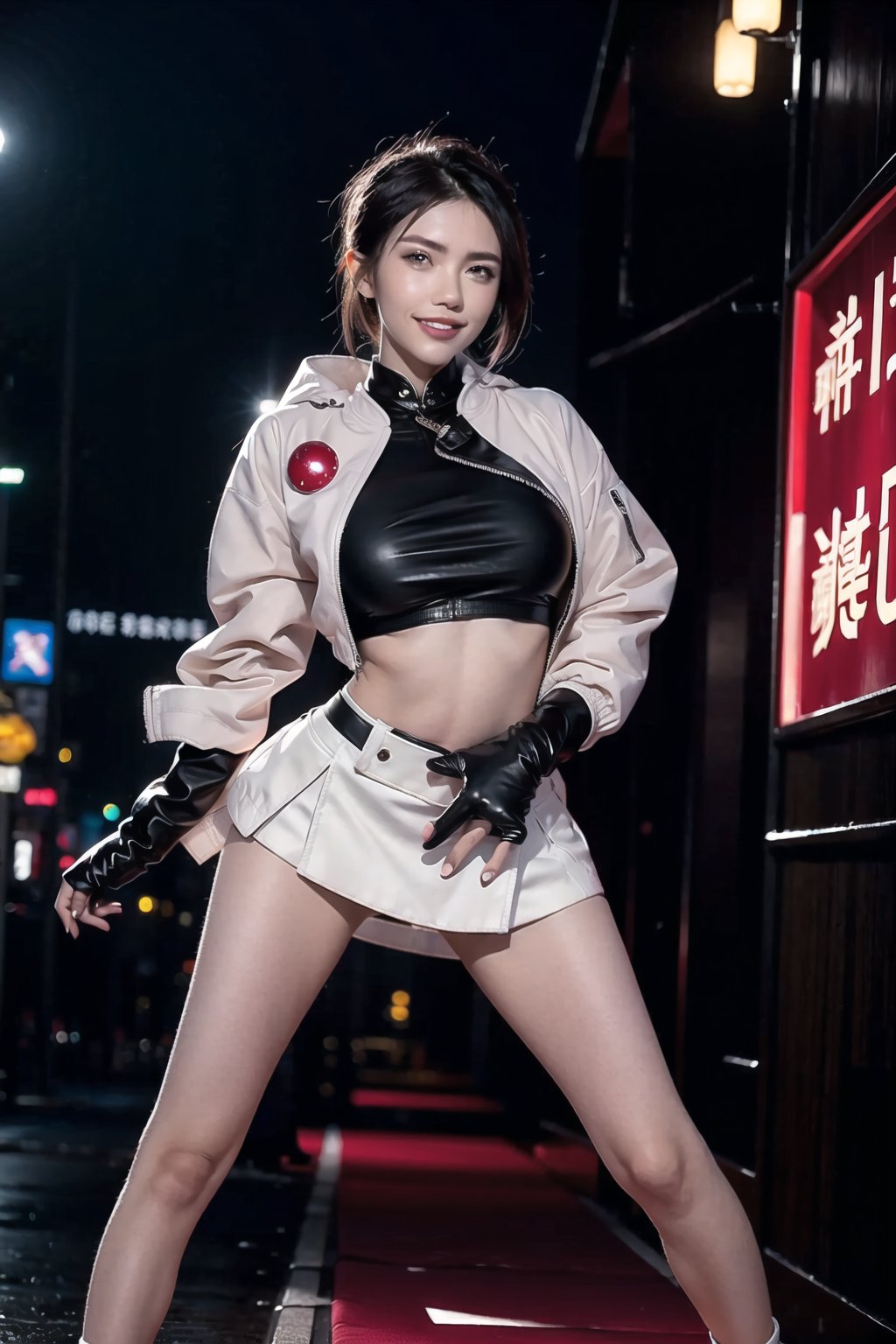 (best quality), (highly detailed), masterpiece, (official art), (ruby rose), fullbody, posing, lips, ( evil smile), poke ball, poke ball (basic), holding poke ball,Team Rocket, cropped jacket, white jacket, crop top, jacket, naked 50%, gloves, black gloves, elbow gloves, navel, midriff, white skirt, miniskirt, skirt, thighhighs,, looking at viewer, striptease, sexy pose, sexy dance, china, asiática, city, night, sky, (intricately detailed, hyperdetailed), blurry background,depth of field, best quality, masterpiece, intricate details, tonemapping, sharp focus, hyper detailed, trending on Artstation,1 girl, high res, official art