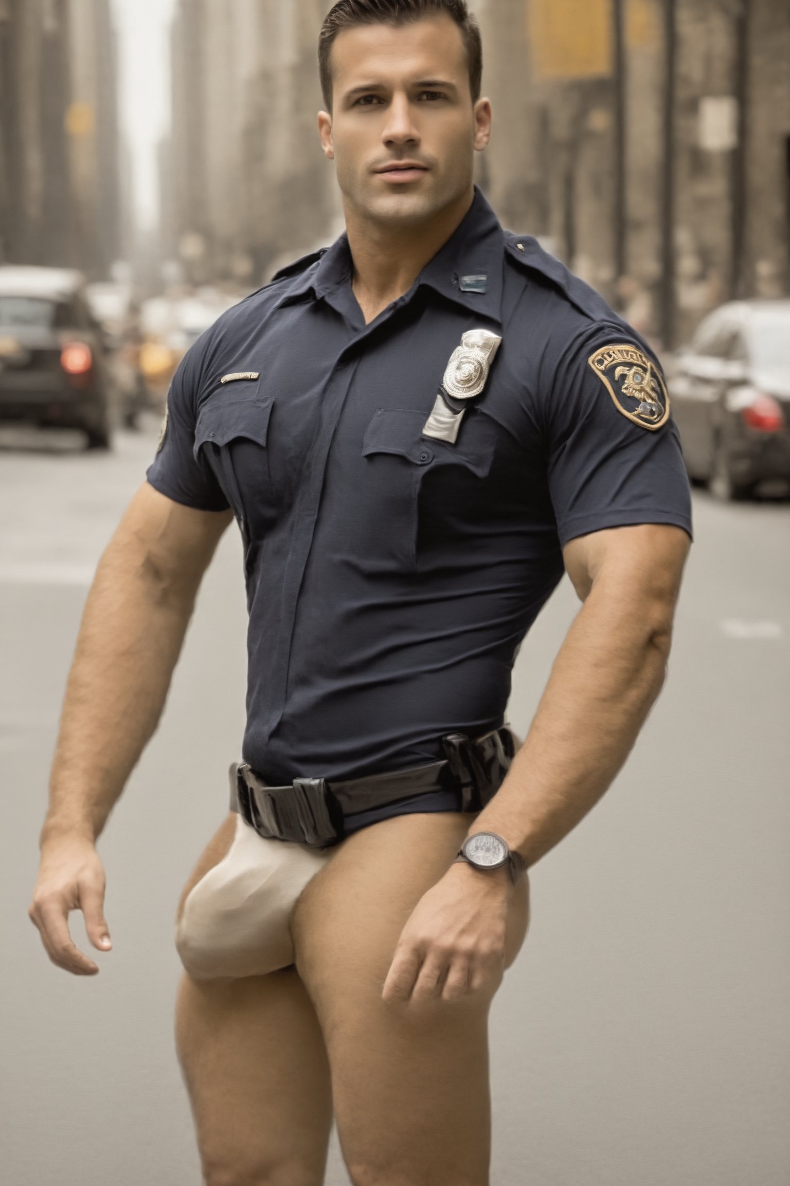 35-year-old muscular, stunningly handsome man in police officer lycra police uniform. large, defined, solid, muscular, bulbous buttocks. body standing to the side, hands relaxed. the large bulge in his groin, concealing his huge, thick, erect penis and large testicles. mouth open slightly, a look of strong confidence on his face. professional, glistening in thick oil. outdoor on crowded city street, photography, posing with style, ,bulge,Stylish,huge cock,Man,Portrait,anime,hugest man ever,Police