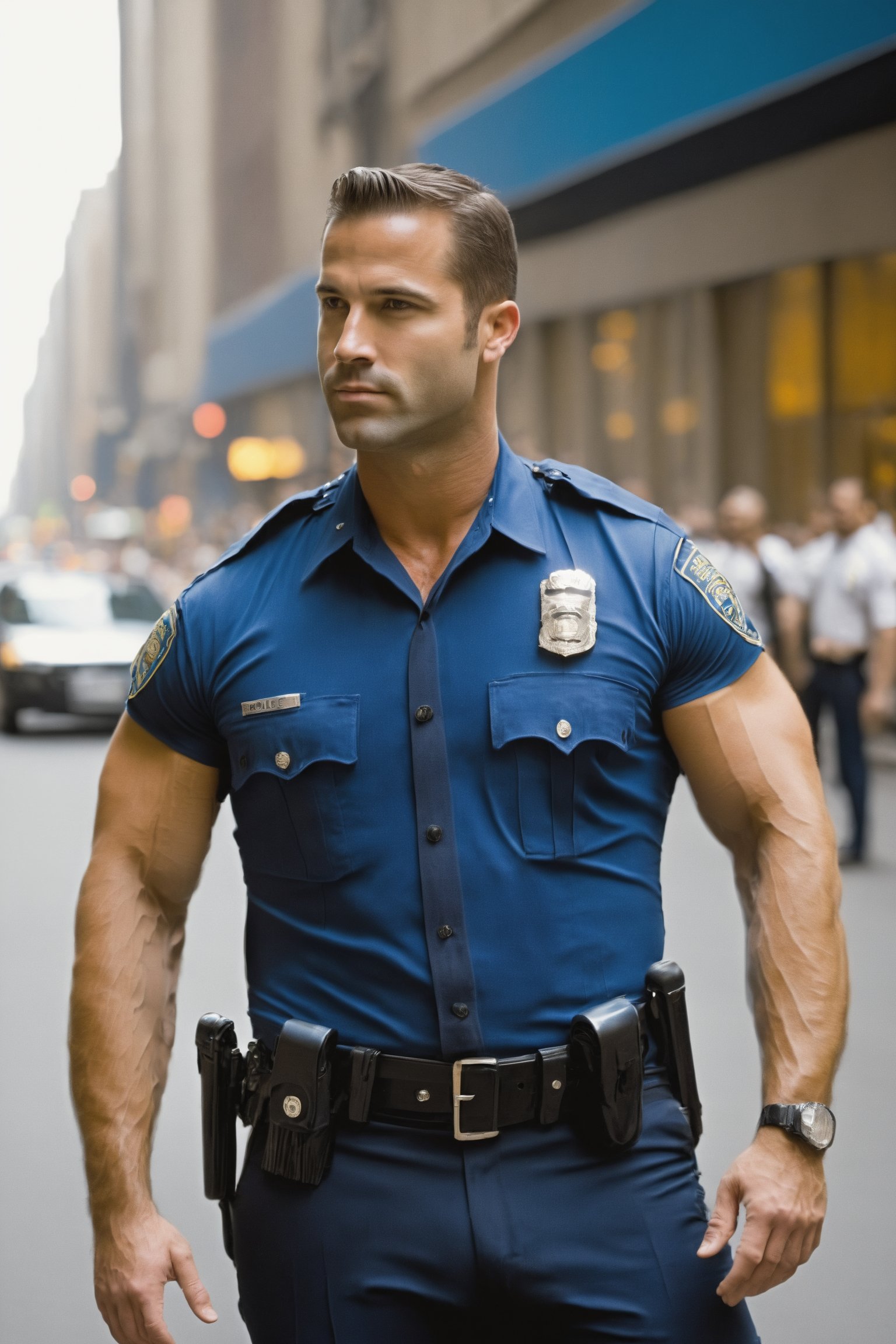 32 year-old muscular, handsome man, in police officer uniform. large, defined, solid, muscular bubble buttocks. body standing tp the side, hands relaxed, professional, glistening in thick oil. outdoor on crowded city street, photography, posing with style, ,bulge,Stylish,huge cock,Man,Portrait,anime,hugest man ever,Police