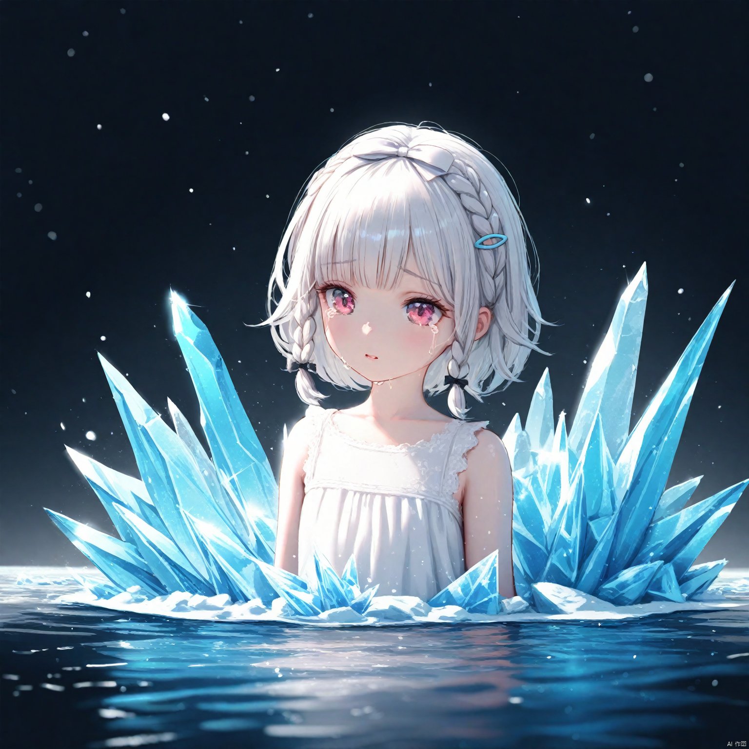  2023 Era,(masterpiece),(best quality),illustration,ultra detailed,hdr,Depth of field,(colorful),loli, wlop,1 girl,loli,White Dress,White short hair,braids,lily flower hair clip,upper body,cry,water,black background,Ice crystal,dappled sunlight,Suspended colorless crystal,beautiful detailed glow, (detailed ice), beautiful detailed water,