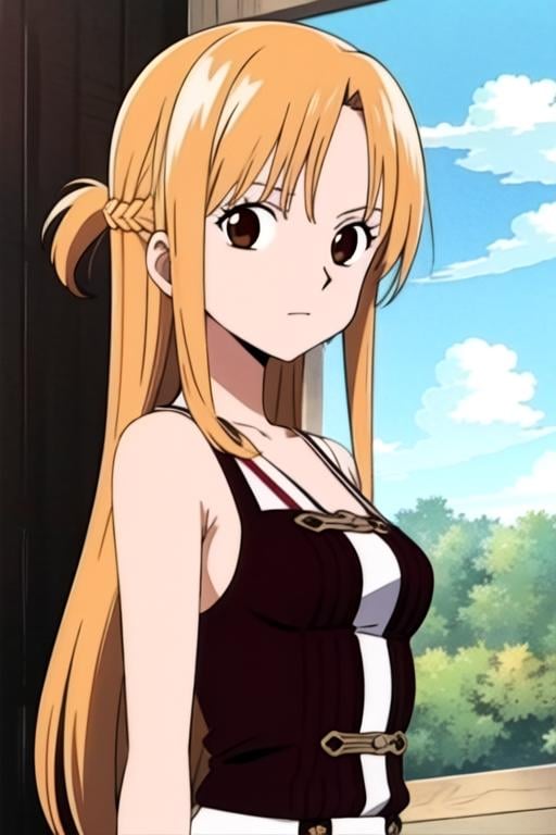 masterpiece, best quality, movie still, 1girl,<lora:asuna_(sao)_v1:0.65>, aaasuna, long hair, brown hair, braid, brown eyes, solo, looking at viewer, upper body, , ligne claire, , , 2k resolution, <lora:one_piece_style:0.9>, one_piece_style