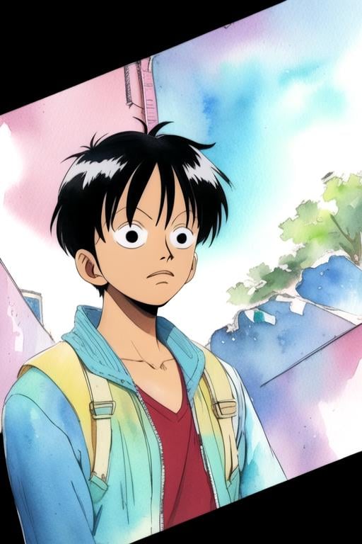 masterpiece, best quality, photorealistic, 1boy, black hair, black eyes, monkey d. luffy, solo, looking at viewer, upper body, , (watercolor illustration, soft pastel colors:1.1), realistic, The Valley of the Lost, 12k resolution, <lora:one_piece_style:0.98>, one_piece_style