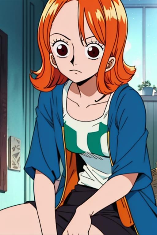 masterpiece, best quality, movie still, 1girl, orange hair, nami \(one piece\), solo, looking at viewer, , depth of field, , , aztec, , <lora:one_piece_style:0.94>, one_piece_style