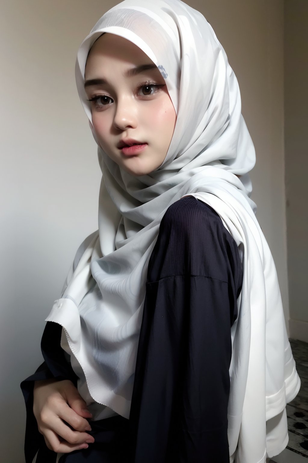 1girl, solo, hijab, body tape, cape ,  ,photorealistic,EZH4 