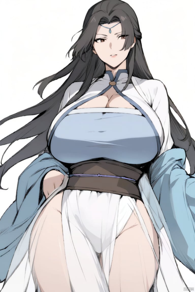  1girl,solo,peiyuhan,  (best quality), ((masterpiece)),hanfu, black hair,simple_background, long hair,hanfu, (big_breasts),see-through,cleavage cutout,white cloth,Chinese