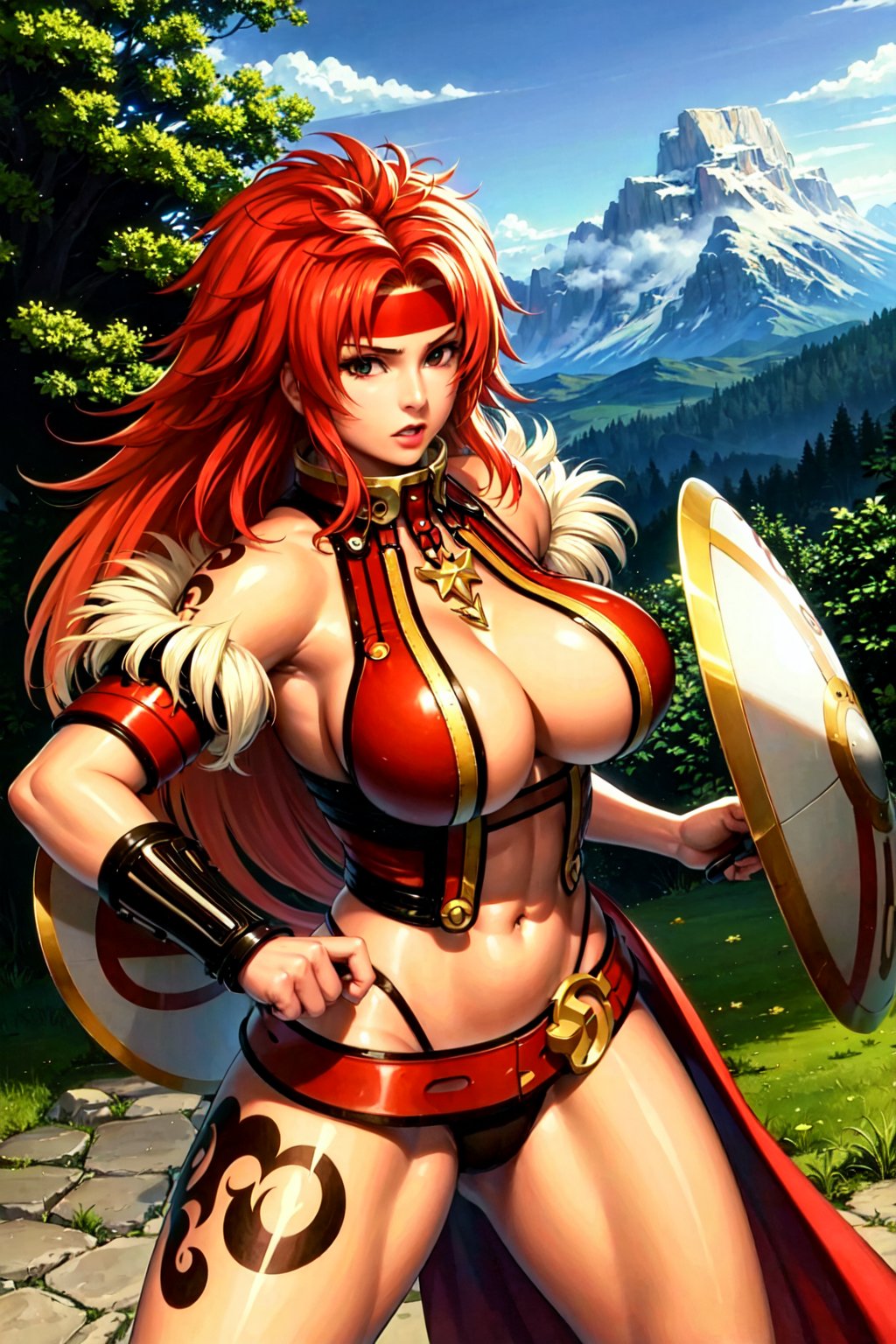 (masterpiece), (best quality), 1girl, Risty, red hair, long hair, large breasts, tattoo, looking at viewer, headband, cleavage, belt, underwear, shield, battle stance, trees and mountains background